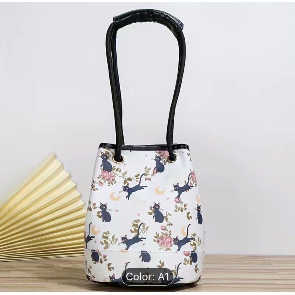 Floral Black Cat LUNA Bucket Shoulder Bag New‎